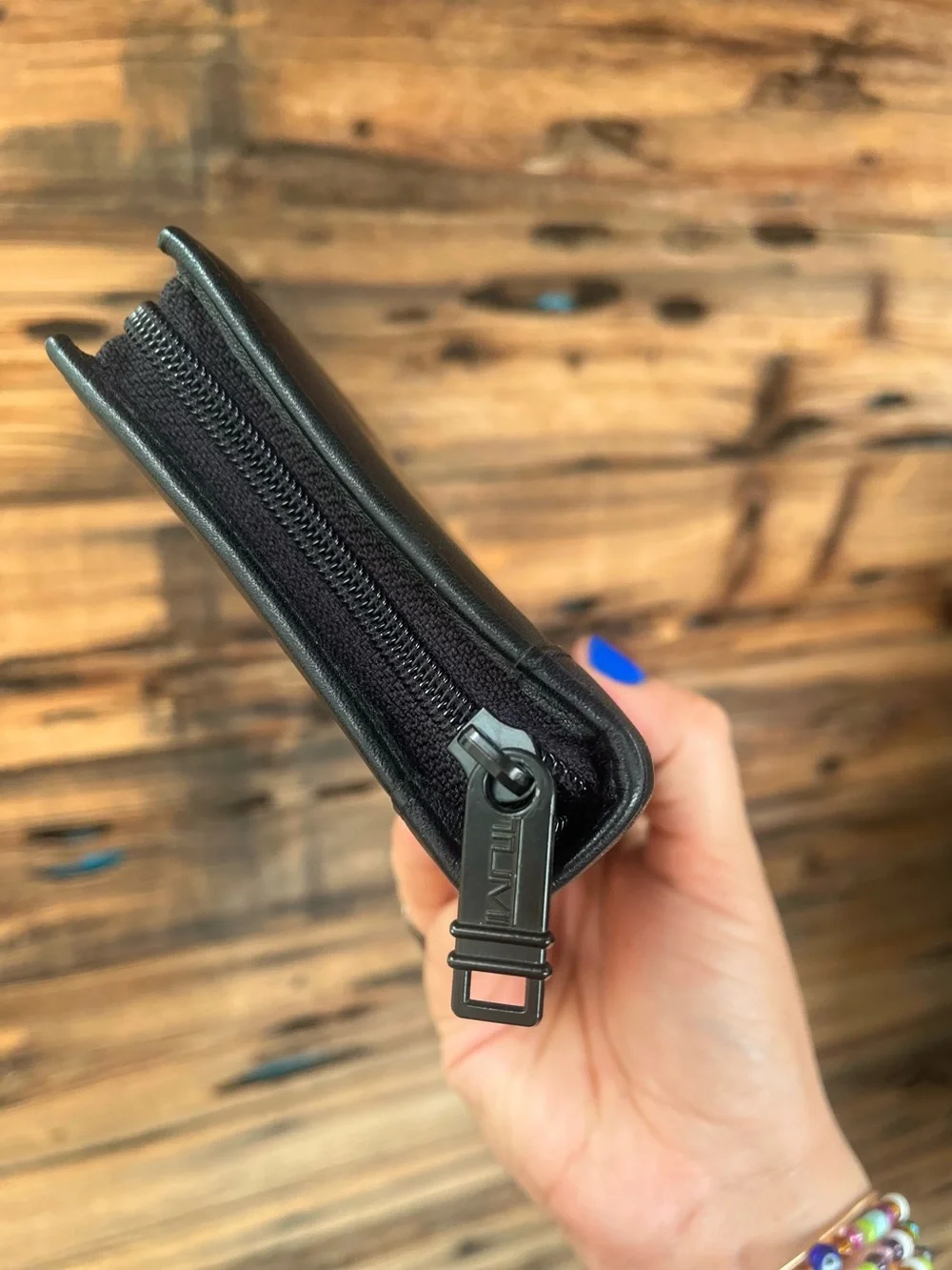 TUMI | Black Leather Zip Card Wallet